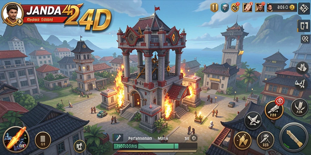 Screenshot permainan JANDA4D menampilkan aksi menara pertahanan melawan gelombang musuh.