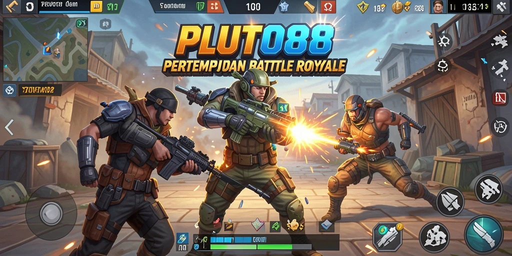 Screenshot utama PLUTO88 menampilkan aksi seru dalam pertempuran Battle Royale.